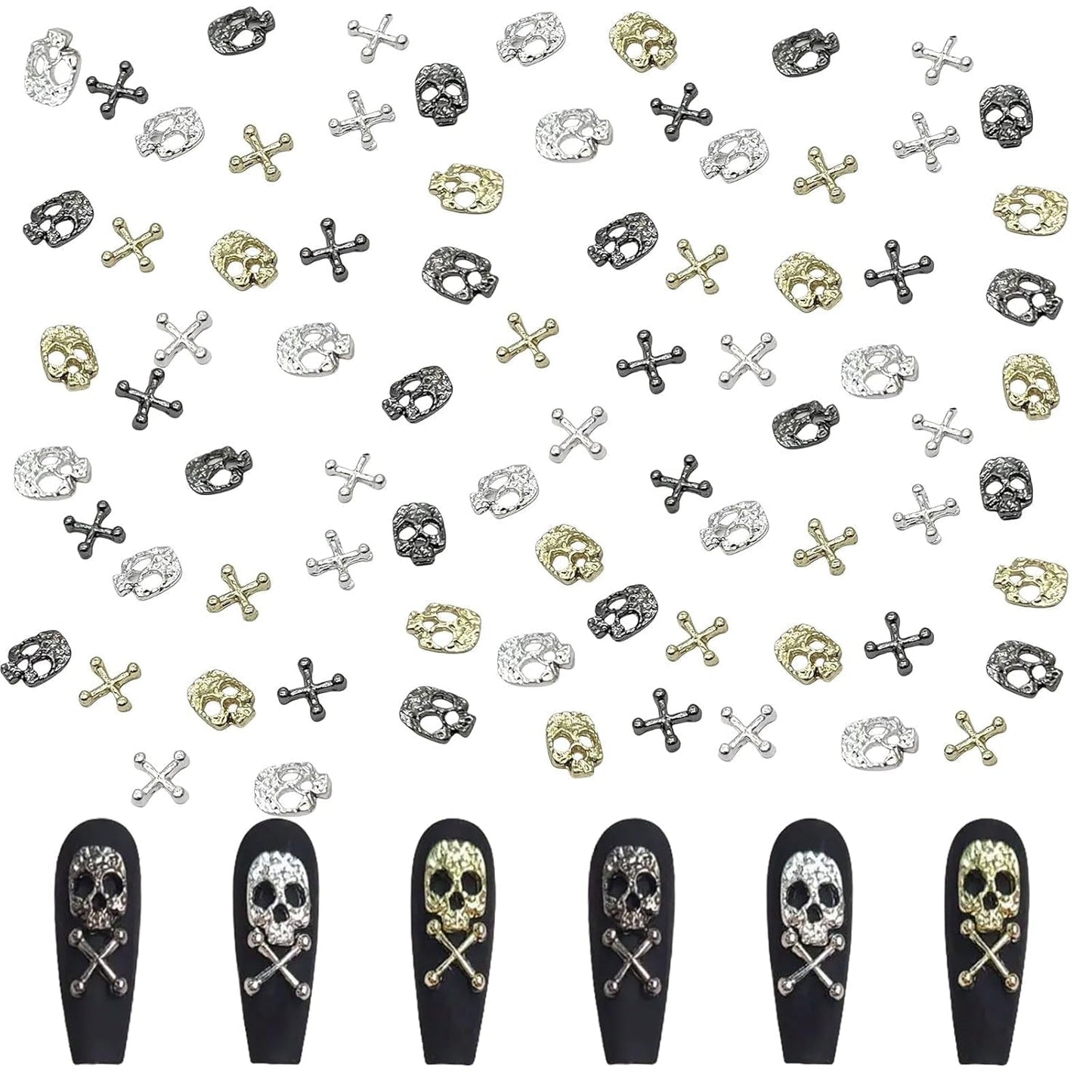 120 Uds. Conjunto de decoraciones para decoración de uñas con calavera cruzada, dijes para decoración de uñas de Metal dorado y plateado, joyería Punk de aleación para decoración de uñas, accesorios de piedras brillantes