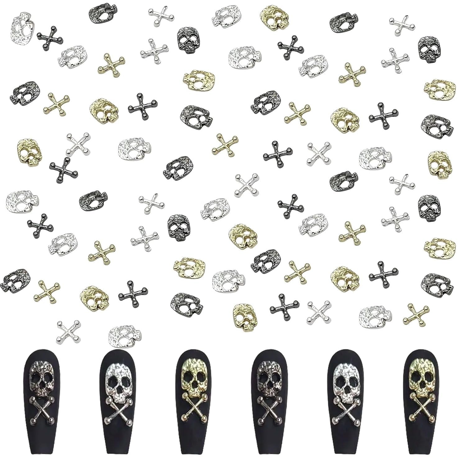 120 Uds. Conjunto de decoraciones para decoración de uñas con calavera cruzada, dijes para decoración de uñas de Metal dorado y plateado, joyería Punk de aleación para decoración de uñas, accesorios de piedras brillantes
