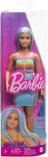 Muñeca Barbie Fashionistas núm. 218 con pelo largo azul, top arcoiris y falda turquesa, muñeca de moda coleccionable cumpleaños 65, HRH16 Naty Shop Dolls