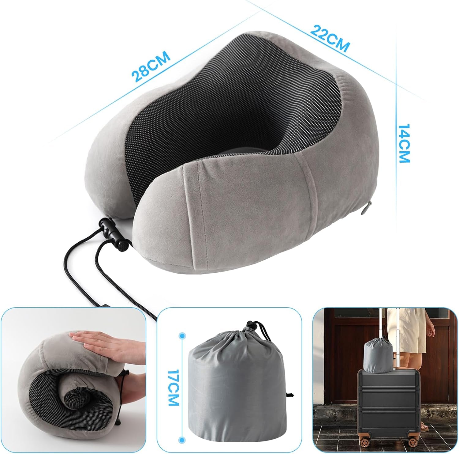 Almohada para el cuello, almohada para el cuello del avión, almohada de viaje, almohada para el cuello para adultos, almohada para el cuello del coche, almohada para el hogar, almohada ergonómica de espuma viscoelástica, lavable, espalda estrecha, ajustable, gris