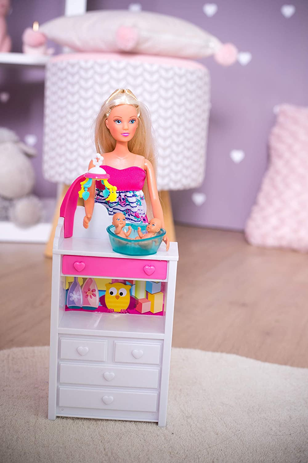 Simba 105733333 - Steffi Love Welcome Twins, Muñeca embarazada, Con gemelos, Con cambiador y bañera, Accesorio, Muñeca vestir, 29Cm, Para niños a partir de 3 años Muñecas Naty Shop