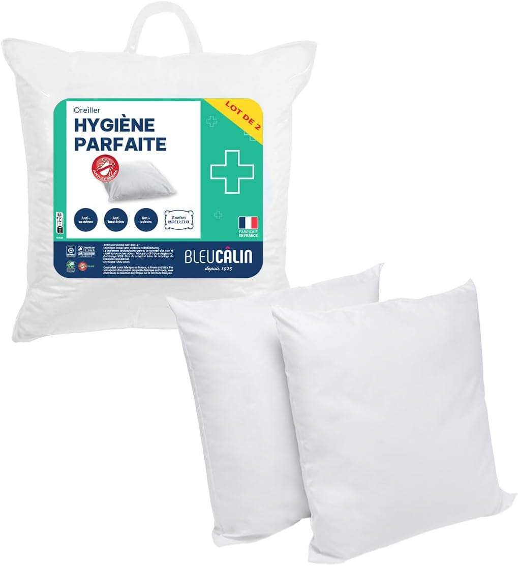 Bleu Câlin Juego de 2 almohadas rectangulares antiácaros, antibacterianas, mullidas confort, T 60X60 Cm, 100% algodón, surtido higiene perfecta Naty Shop almohadas estándar Forma cuadrada 60 X 60 Cm