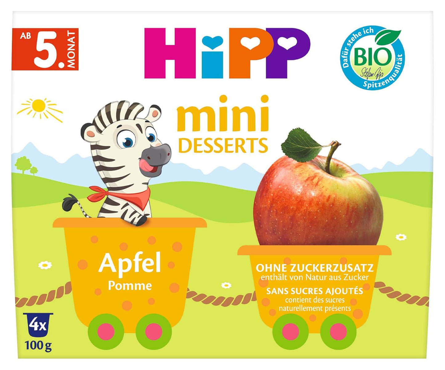 HiPP Mini Postre Manzana Ecológico (pack de 6 x 4 x 100g), a partir de 5 meses, en prácticos vasitos, sin azúcares añadidos, la mejor calidad ecológica