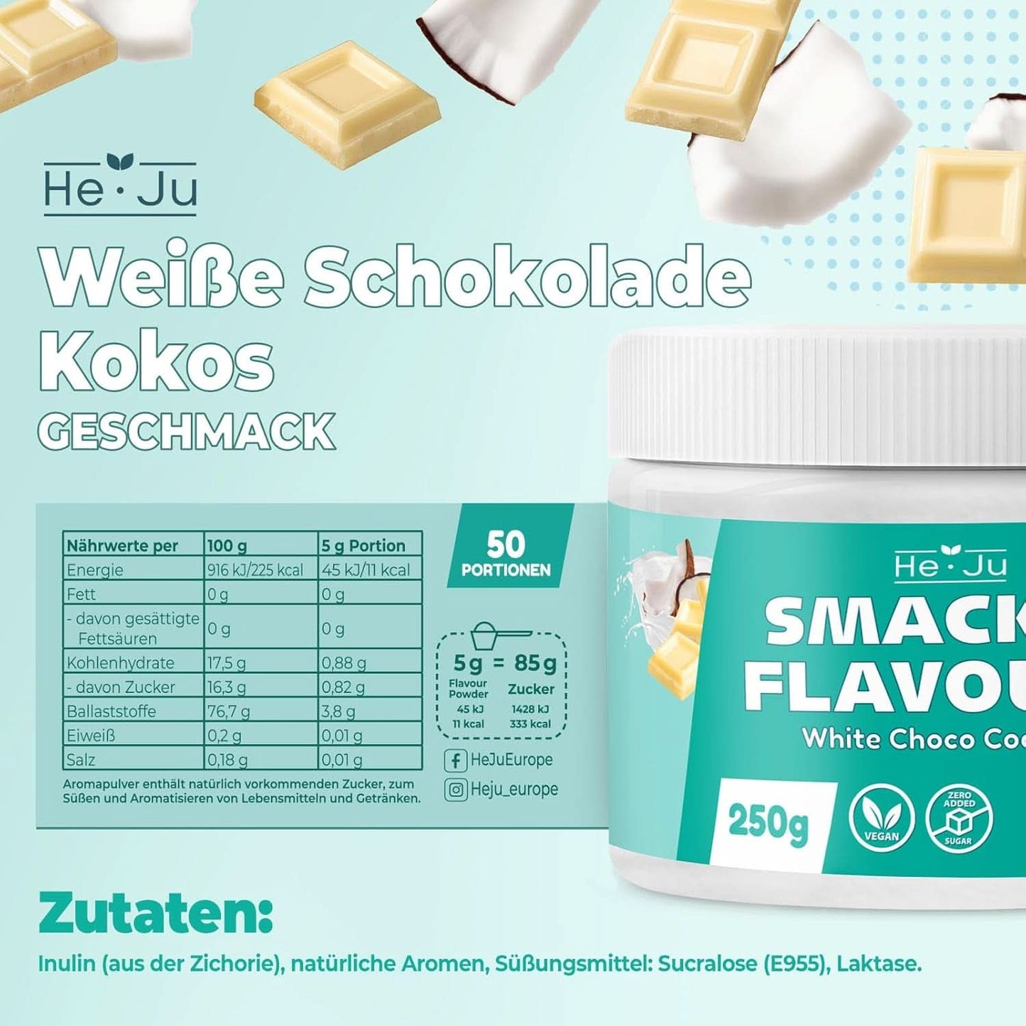He-Ju, Polvo con sabor a chocolate blanco y coco, 250 gramos Tienda Aromas Naty