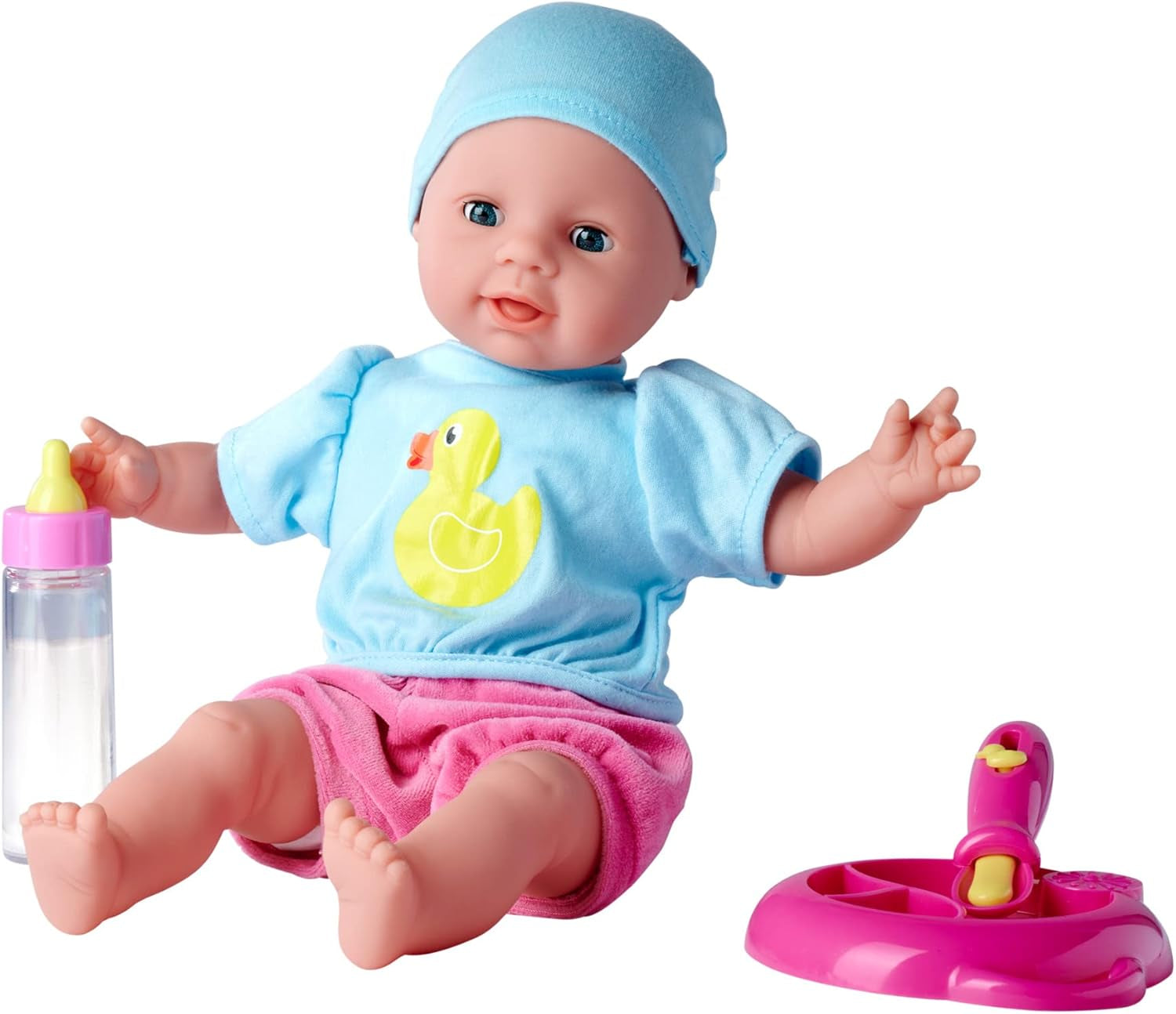 Simba 105010964 - Muñeco blandito Laura Hungry con chupete, cuchara mágica, biberón y plato que desaparece, 38 cm, muñeco bebé para niños a partir de 2 años