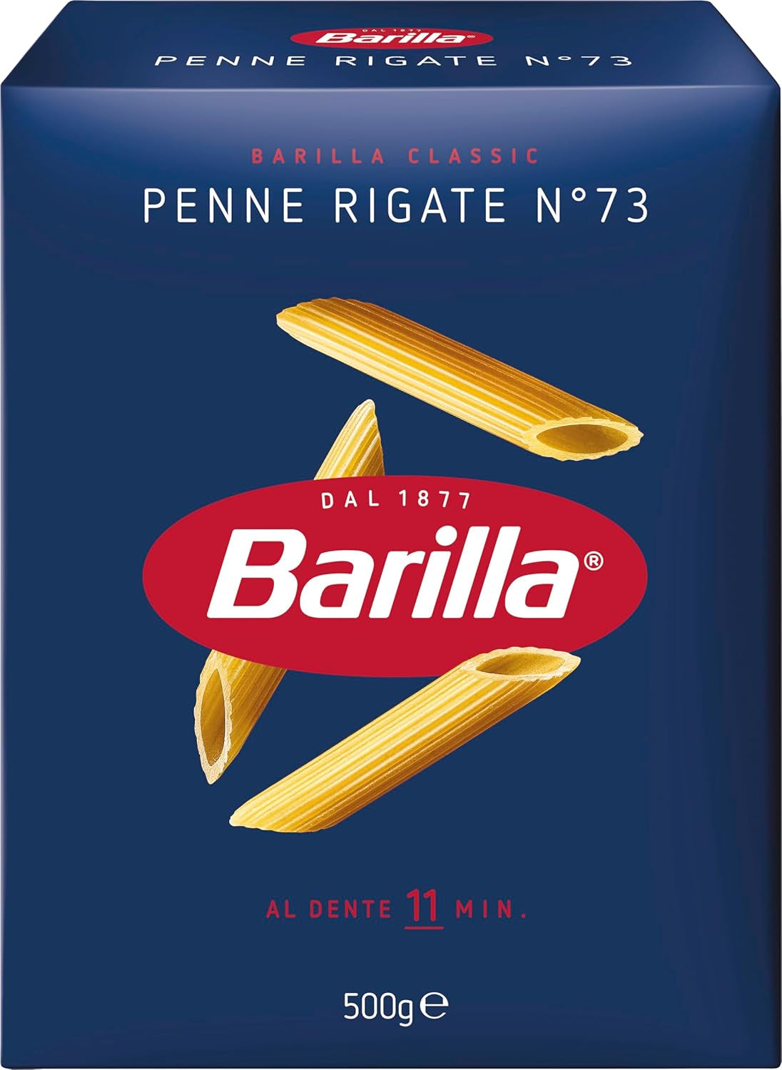Pasta Barilla Clásica Penne Rigate Nr. 73 de trigo duro de alta calidad, siempre al dente (1 x 500 g)
