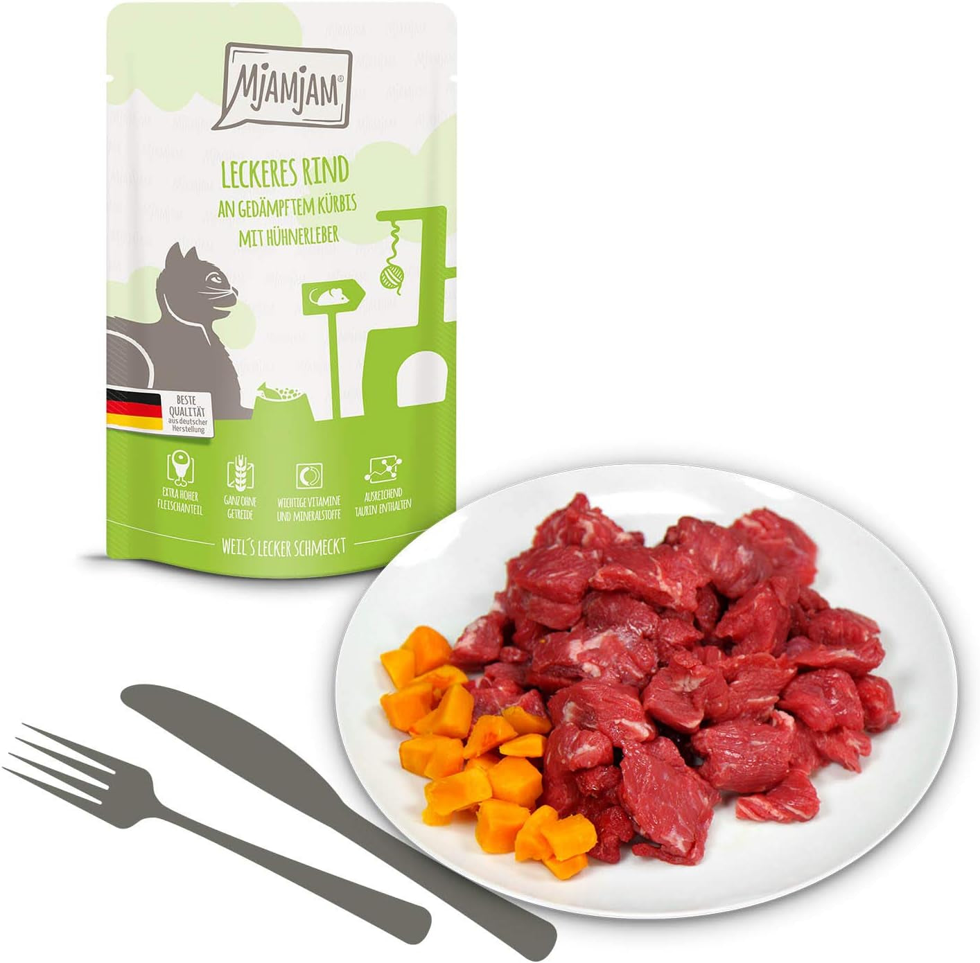 MjAMjAM - Comida húmeda premium para gatos - Paquete mixto I - Pollo, ternera y corazones Paquete de 12 (12 x 125 g), sin cereales y con carne extra
