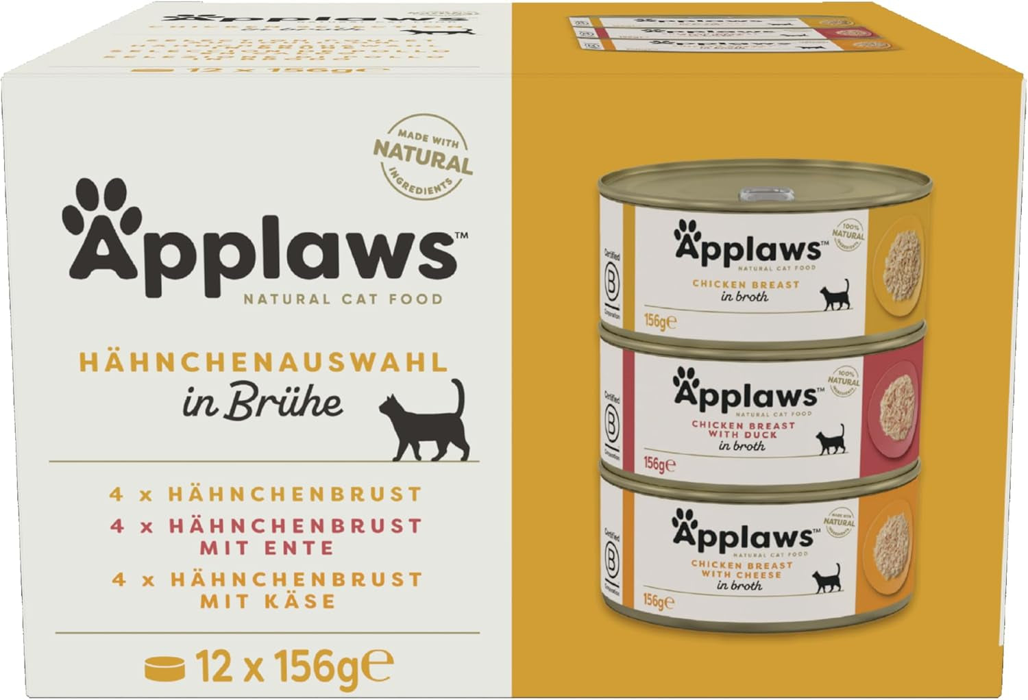 Applaws Paquete múltiple de comida húmeda para gatos 100% natural premium con pollo en caldo - Paquete de 12 latas x 156 g