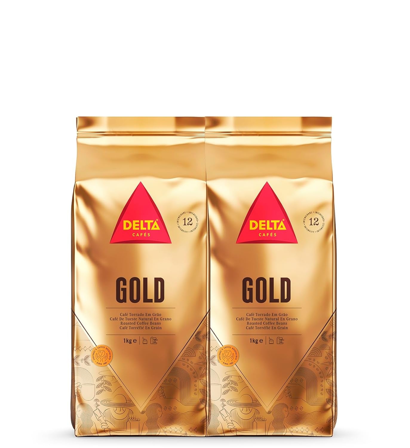Delta Cafés - Kaffeebohnen Gold - 2 paquetes de 1 kg - Intensität 12 - Vollmundige Arábica-Röstkaffebohnenmischung - Sehr aromaticisch mit Noten von Honig und Reifen Früchten