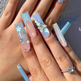 24 Uds. De uñas artificiales de mariposa azul, prensa cuadrada en puntas de uñas postizas con purpurina larga francesa, diamantes de imitación brillantes