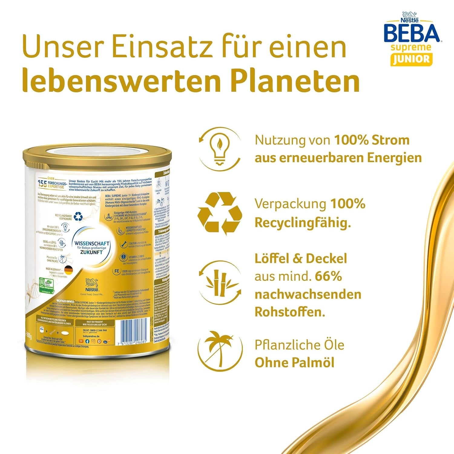 BEBA SUPREME JUNIOR 1 Plus - Bebida para niños a partir de 1 año, con complejo 6 HMO, sin lactosa, sin aceite de palma, sin aceite de pescado, comida para niños pequeños, leche en polvo para bebés, paquete de 6 (6 x 800g)