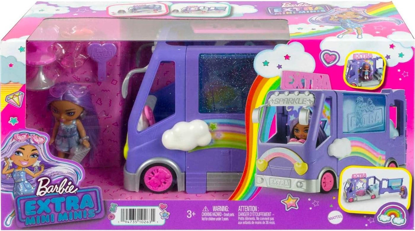 Muñeca Barbie Extra Mini Minis, muñeca Extra Mini Minis con furgoneta de gira con purpurina extra, incluye estación de maquillaje y accesorios para espectáculos, regalo para niños, juguete para edades de 3 años en adelante, HKF84