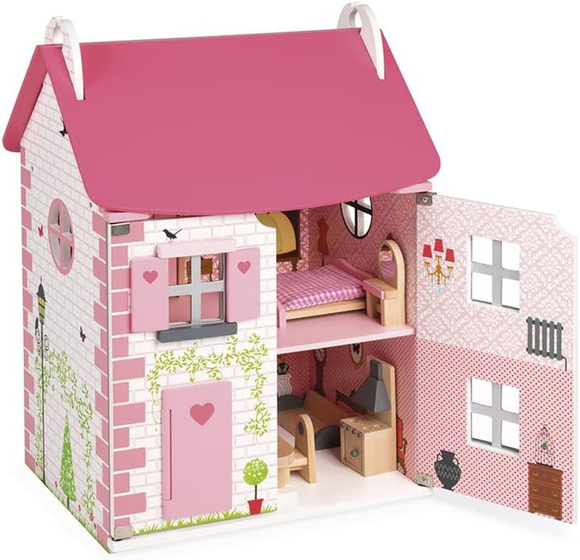 Janod - Casa de Muñecas Mademoiselle de Madera, 3 Pisos y 11 Accesorios, Réplica de Juguete, Desarrolla la Imaginación, A partir de 3 años, J06581, Rosa Naty Shop Casas de Muñecas Clásicas