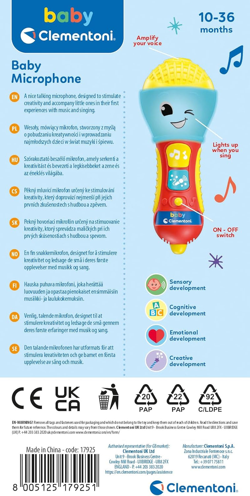 Clementoni - Micrófono Bebé, Juego Música Electrónica Infantil, Juguete 10-36 Meses, Centro de Actividades con Luz y Sonidos, 17931 Juguetes Bebé Naty Shop