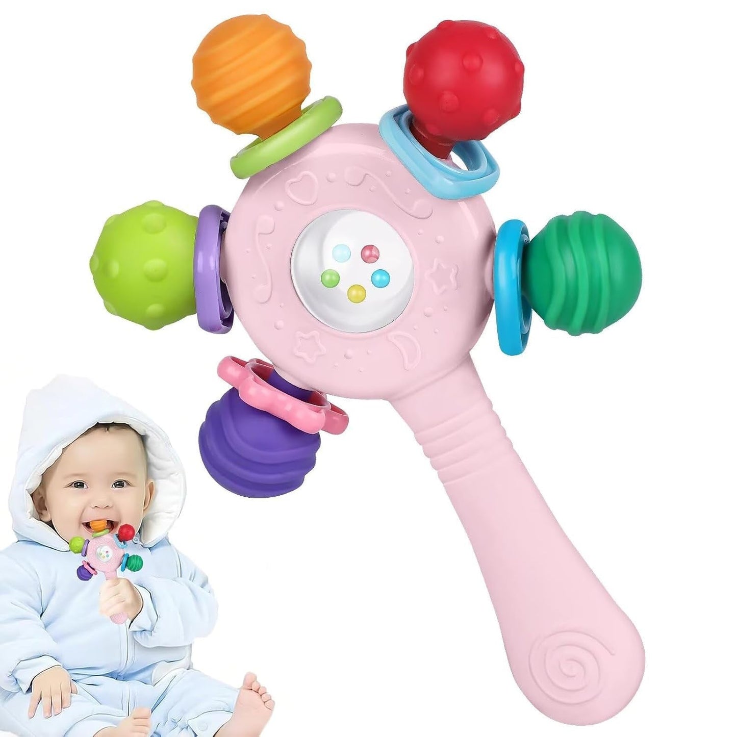 Mordedores para bebés de grado alimenticio: sin BPA, diseño resistente a la asfixia, agarre reforzado, adecuado para el desarrollo auditivo y dental, ideal para bebés de 0 a 36 meses (blanco)
