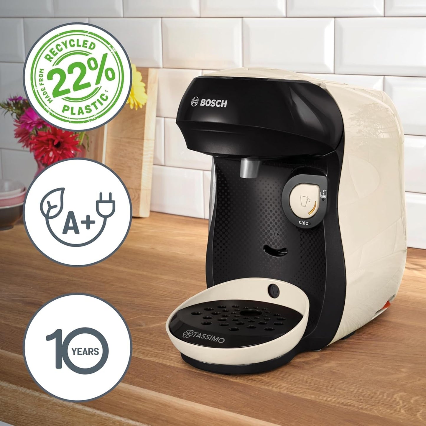 Bosch Tassimo Happy Friendly TAS107E Cafetera espresso de cápsulas, más de 70 bebidas, apta para todas las tazas, parada automática, sostenible, dosificación perfecta, ahorro de espacio, 1400 W, crema/negro