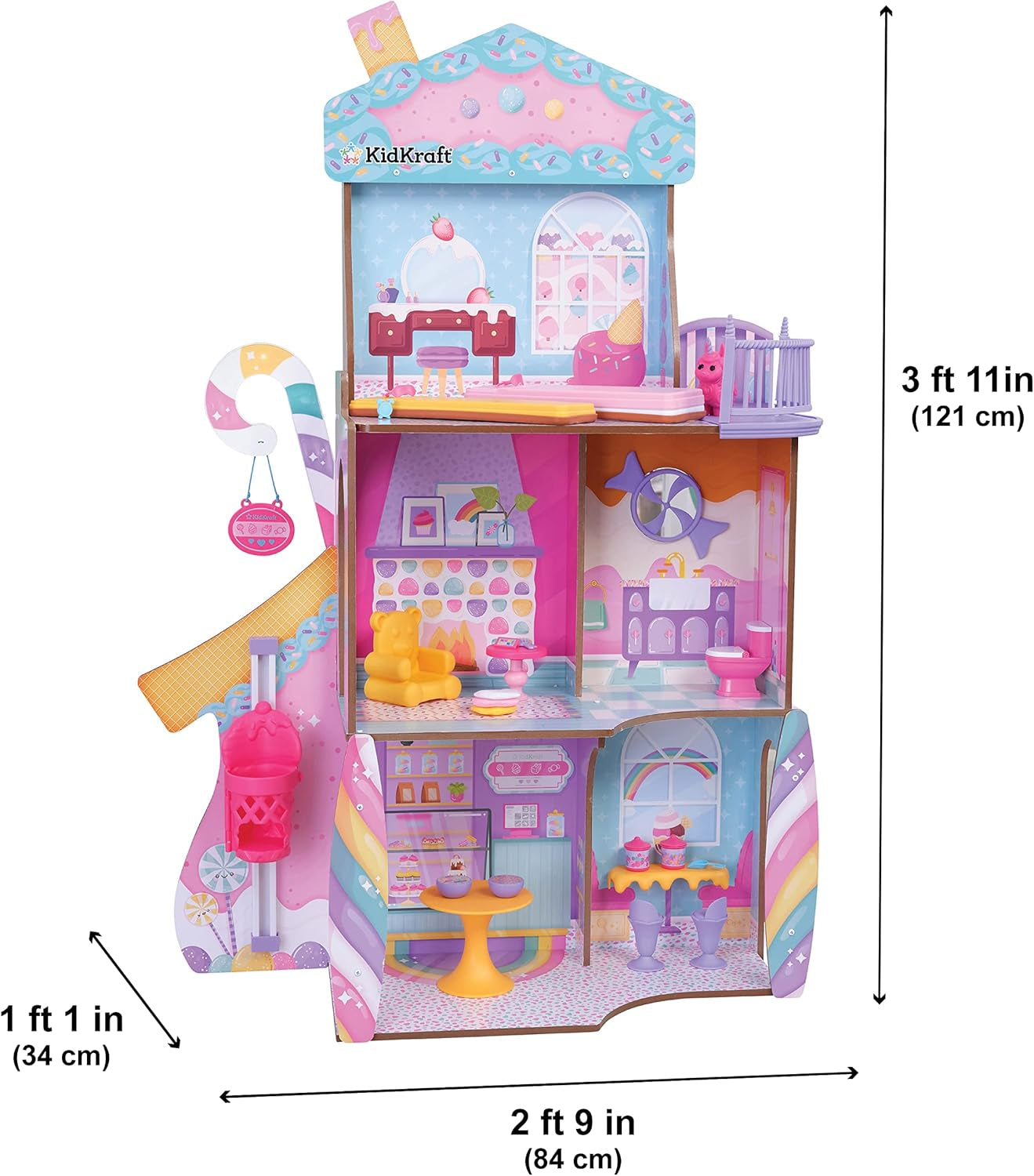 KidKraft Casa de Muñecas de Madera Castillo de Dulces con Muebles y Accesorios, Casa con Figura de Llama Unicornio, Elevador de Conos de Helado y Silla de Osito de Goma para Muñecas, Juguete para Edades de 3 años en adelante, 20242