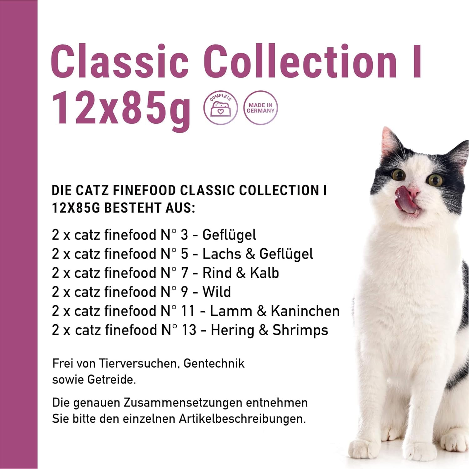 Catz Finefood Classic Collection Mixed Pack Comida Húmeda para Gatos - Comida húmeda gourmet para tu gato, sin cereales y sin azúcar, con alto contenido en carne, 24 sobres x 85g