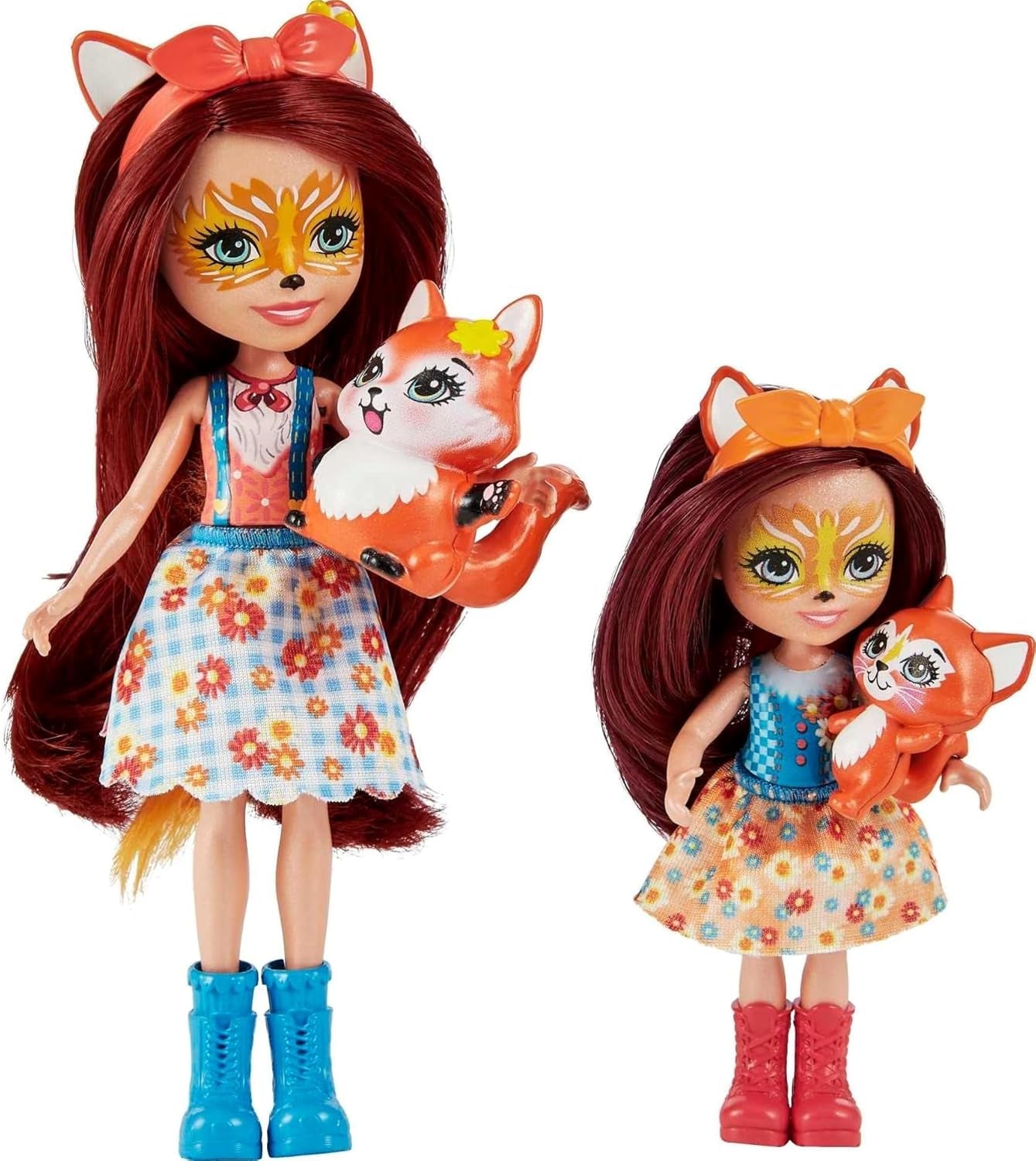 Enchantimals HCF81 - Felicity Fox y su hermana pequeña (aprox. 15 cm y aproximadamente 10 cm) y 2 figuras de animales, falda desmontable y accesorios, gran regalo para niños a partir de 3 años