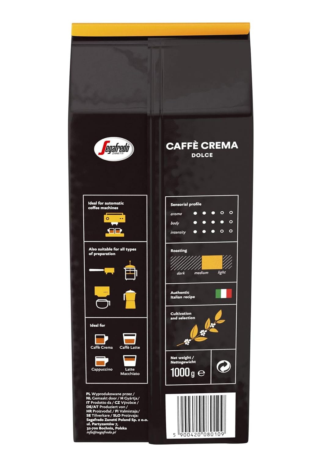 Segafredo Zanetti Caffè Crema Dolce - Granos enteros (paquete de 1 kg) - Apto para Caffè Crema - Café en grano de tostado ligero a medio con un sabor suave y equilibrado (paquete de 2)