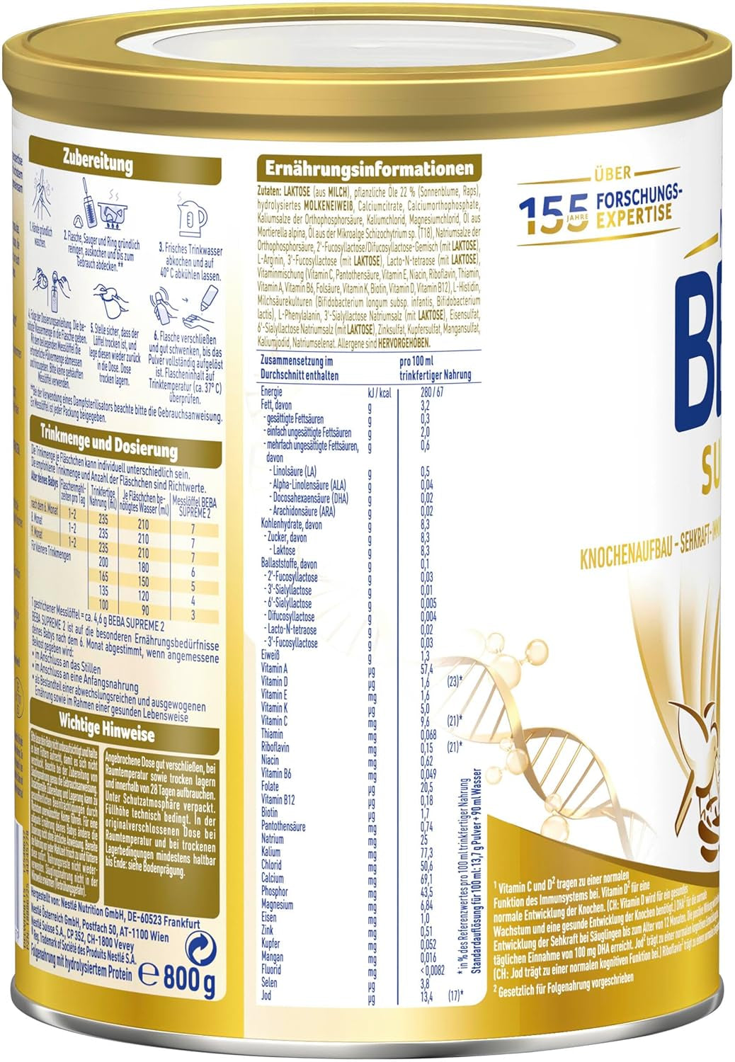 BEBA SUPREME 2 Leche de continuación a partir de los 6 meses, solo lactosa, sin aceite de palma, pack de 6 (6 x 800g) Naty Shop
