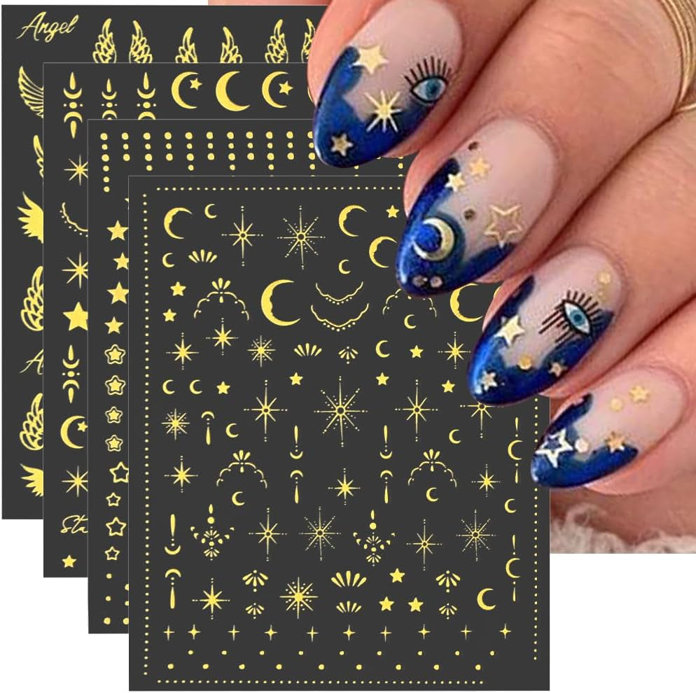 8 hojas de pegatinas doradas para uñas, luna y estrellas, alas de ángel, pegatinas para uñas doradas, estrellas, láminas para uñas, pegatinas autoadhesivas para uñas, accesorios de diseño de uñas, pegatinas para uñas