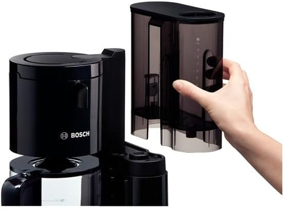 Bosch Styline TKA8013 Cafetera espresso con filtro, sensor de aroma, jarra de cristal preservadora de aroma de 1,25 l, 10-15 tazas, apagado automático, sistema descalcificador, sistema antigoteo, soporte de filtro giratorio, 1160 W, negro