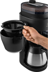 Melitta AromaFresh Therm Pro X - Cafetera espresso con filtro, molinillo integrado, depósito de agua extraíble, jarra térmica de acero inoxidable y función de temporizador, para hasta 8 tazas de café, negro/plateado