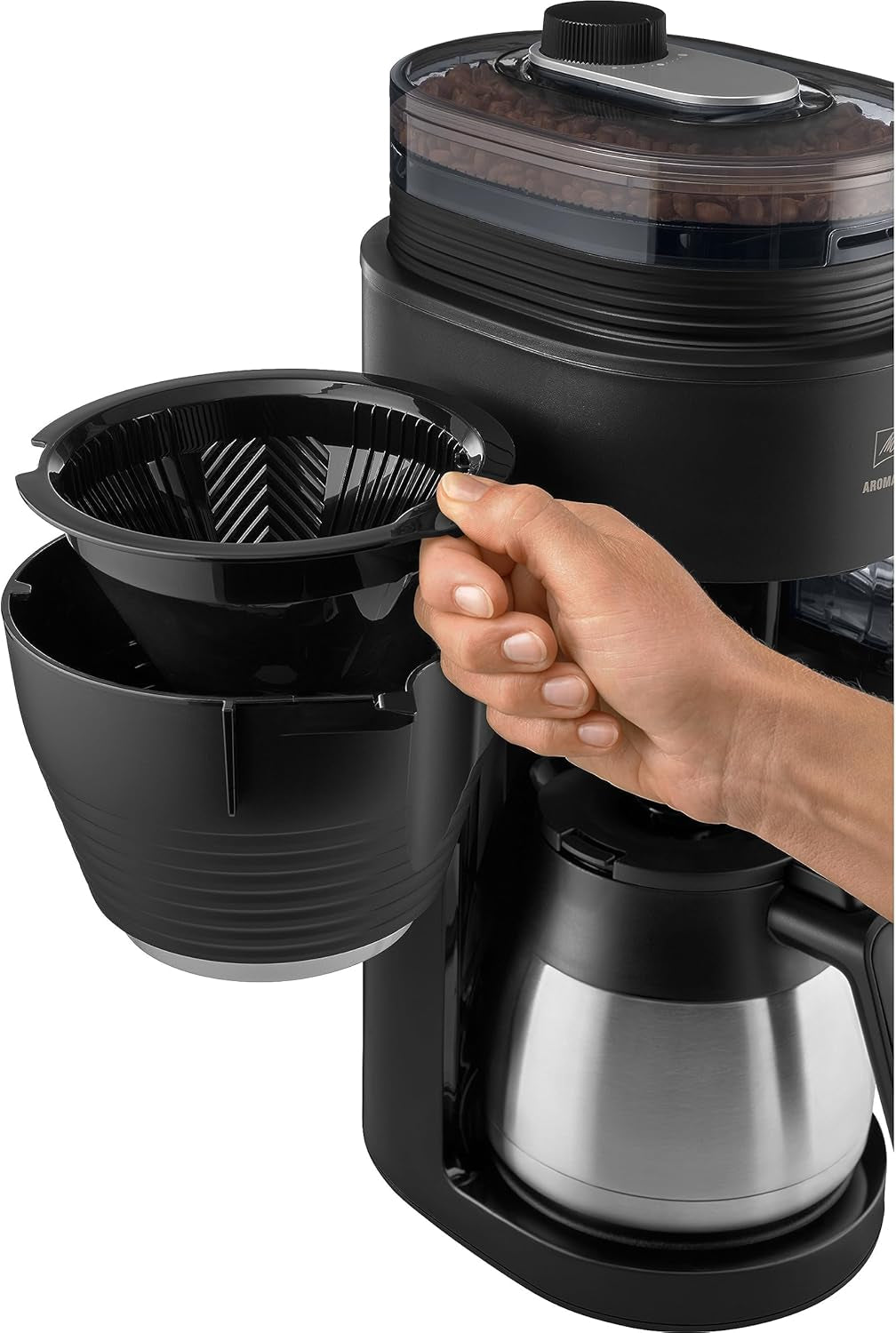 Melitta AromaFresh Therm Pro X - Cafetera espresso con filtro, molinillo integrado, depósito de agua extraíble, jarra térmica de acero inoxidable y función de temporizador, para hasta 8 tazas de café, negro/plateado