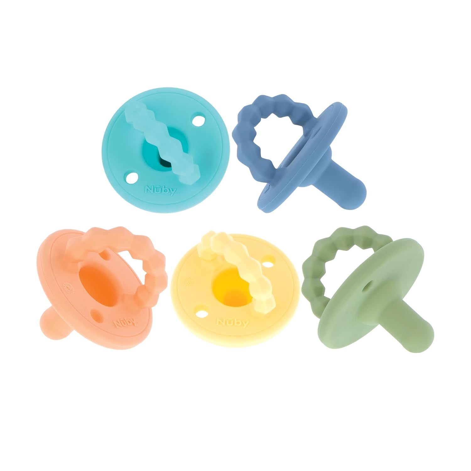 Nuby – Set de 5 Chupetes y Chupetes de Ortodoncia de Silicona Suave | 3 modelos para día y noche | 2 modelos que brillan en la oscuridad | Sin BPA | Forma parecida al pecho | Durante 18-36 meses