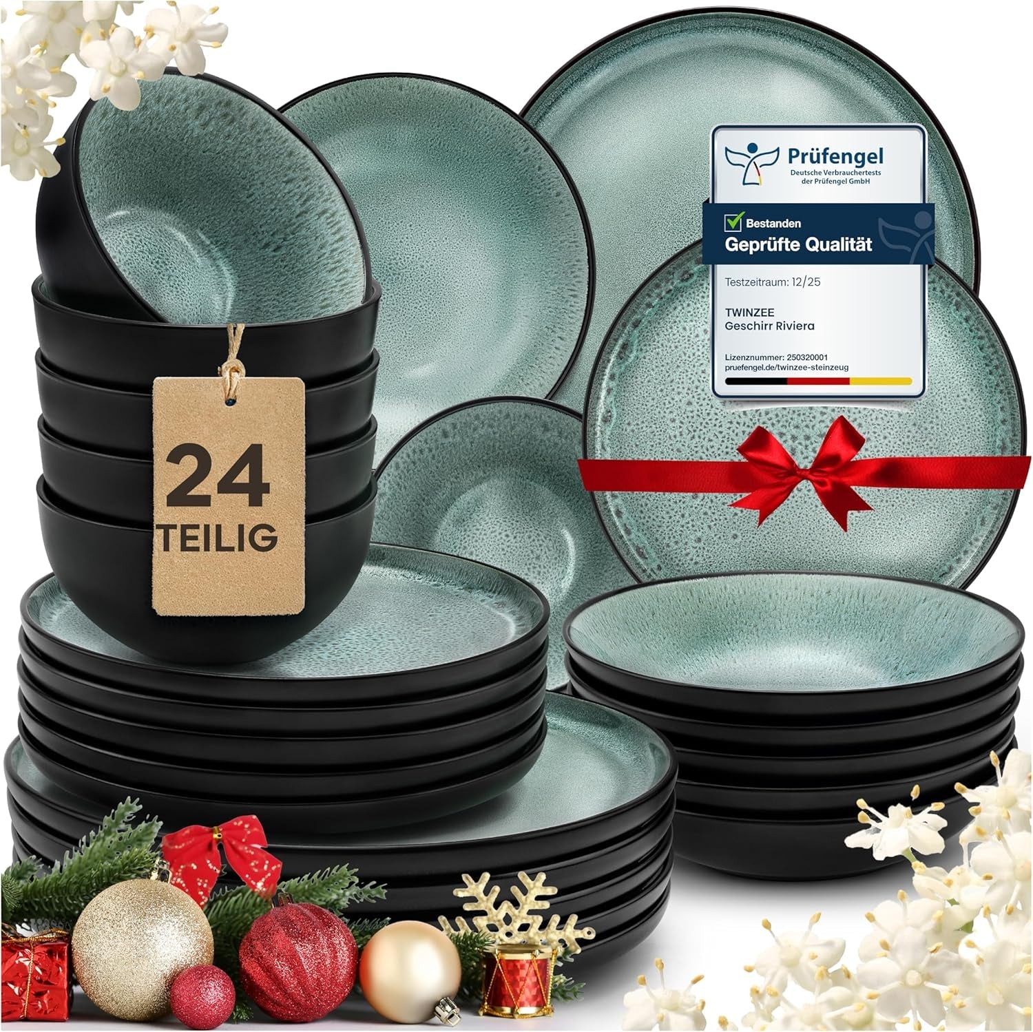 Twinzee Juego de vajilla de gres de 24 piezas para 6 personas - Juego de cuencos y platos - Gres apto para microondas - Colección Riviera