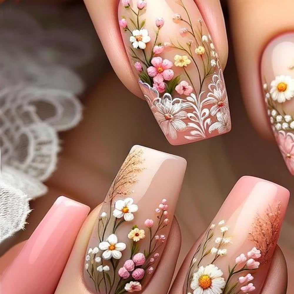 24 piezas de prensa larga en las uñas ataúd uñas artificiales mariposa flor uñas adhesivas blanco marrón acrílico juego de uñas puntas de uñas mujeres primavera verano accesorios de uñas