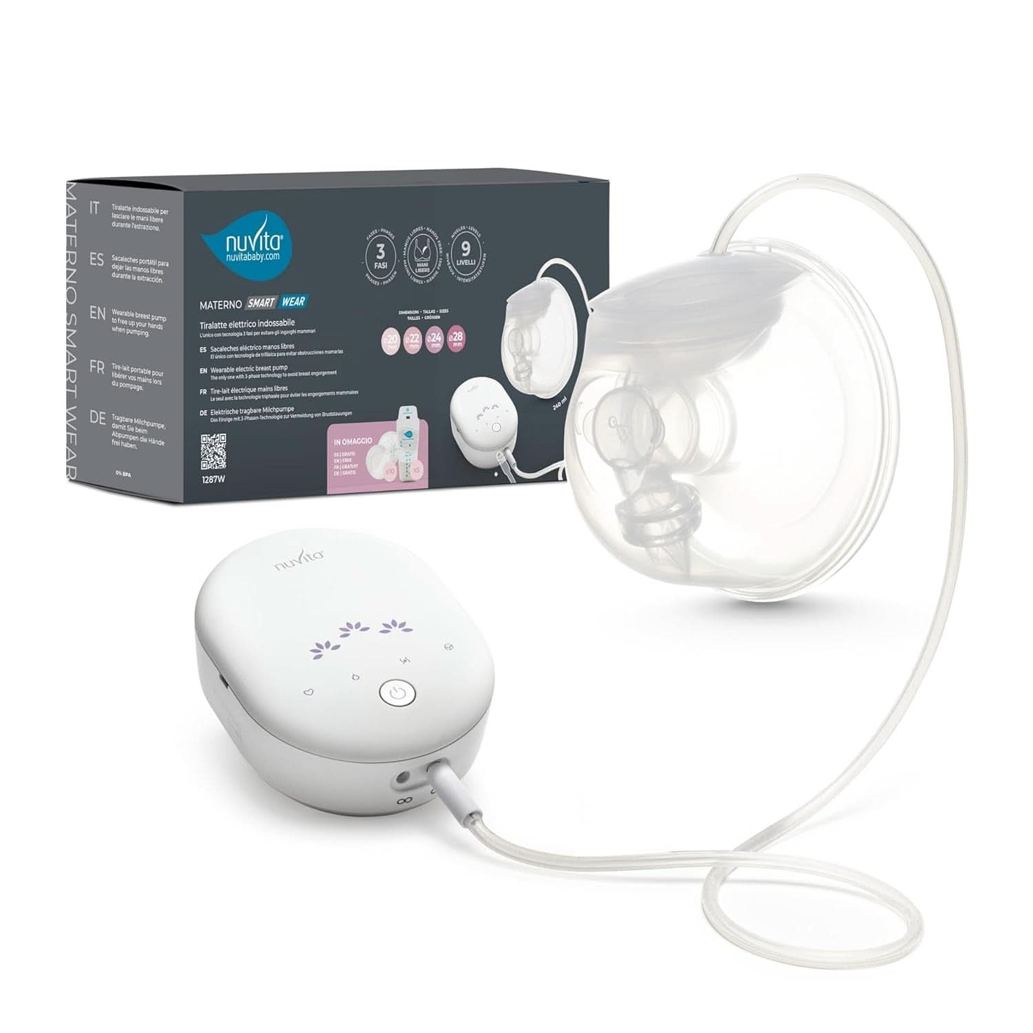 Nuvita Materno Smart Wear 1287W - Sacaleches eléctrico portátil manos libres - Tecnología trifásica, personalizable, portátil, kit de conversión de sacaleches doble disponible Accesorios Alimentación y Lactancia Tienda Bebe Naty
