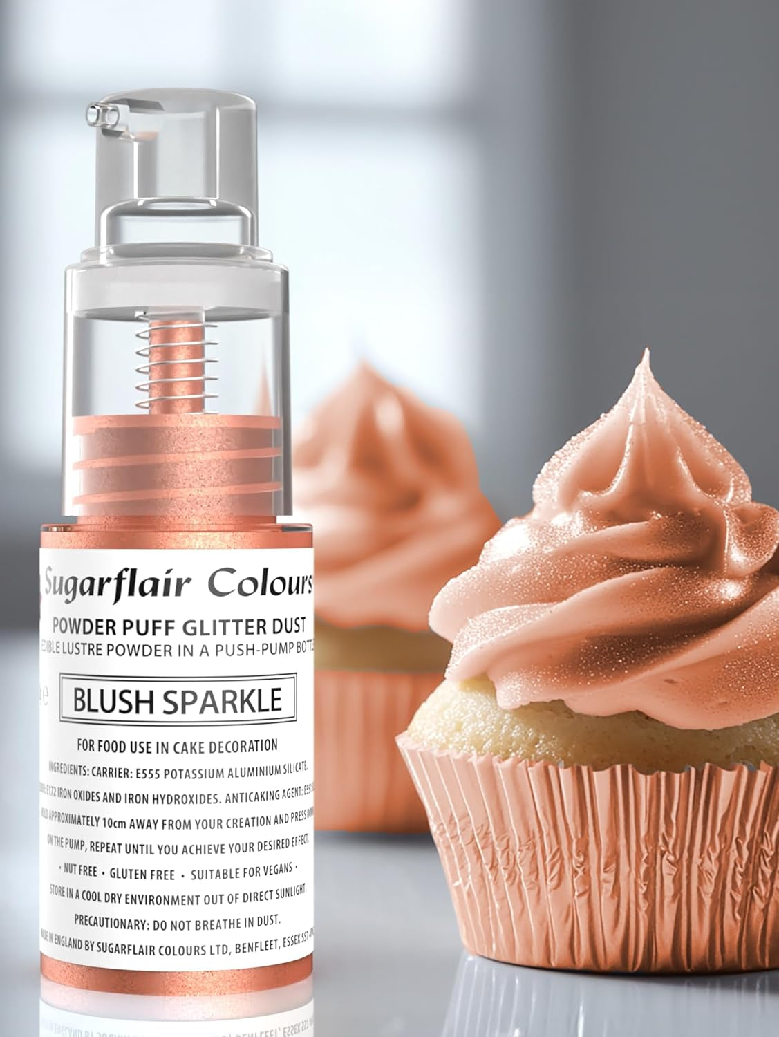 Sugarflair Pump Powder Spray, Glitter, Blush, Glitter - colorante alimentario para pasteles, spray sin aerosol para pasteles, muffins y más - 10 g