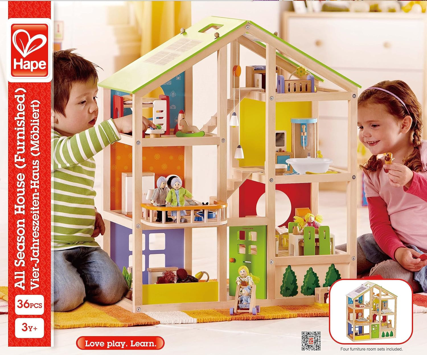 Hape Four Seasons Wooden Doll's House Casa de muñecas de tres pisos galardonada con muebles, accesorios, escaleras móviles y techo reversible para cada temporada Casas de Muñecas Naty Shop