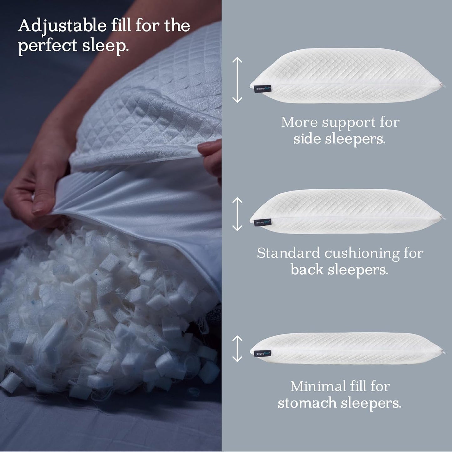 Dreamyblue Almohada para Dormir Premium - Relleno de Espuma viscoelástica Triturada [Loft Ajustable] Funda de Viscosa de bambú Lavable - para costados, Espalda y Barriga Deslizables - Almohadas estándar Naty Shop