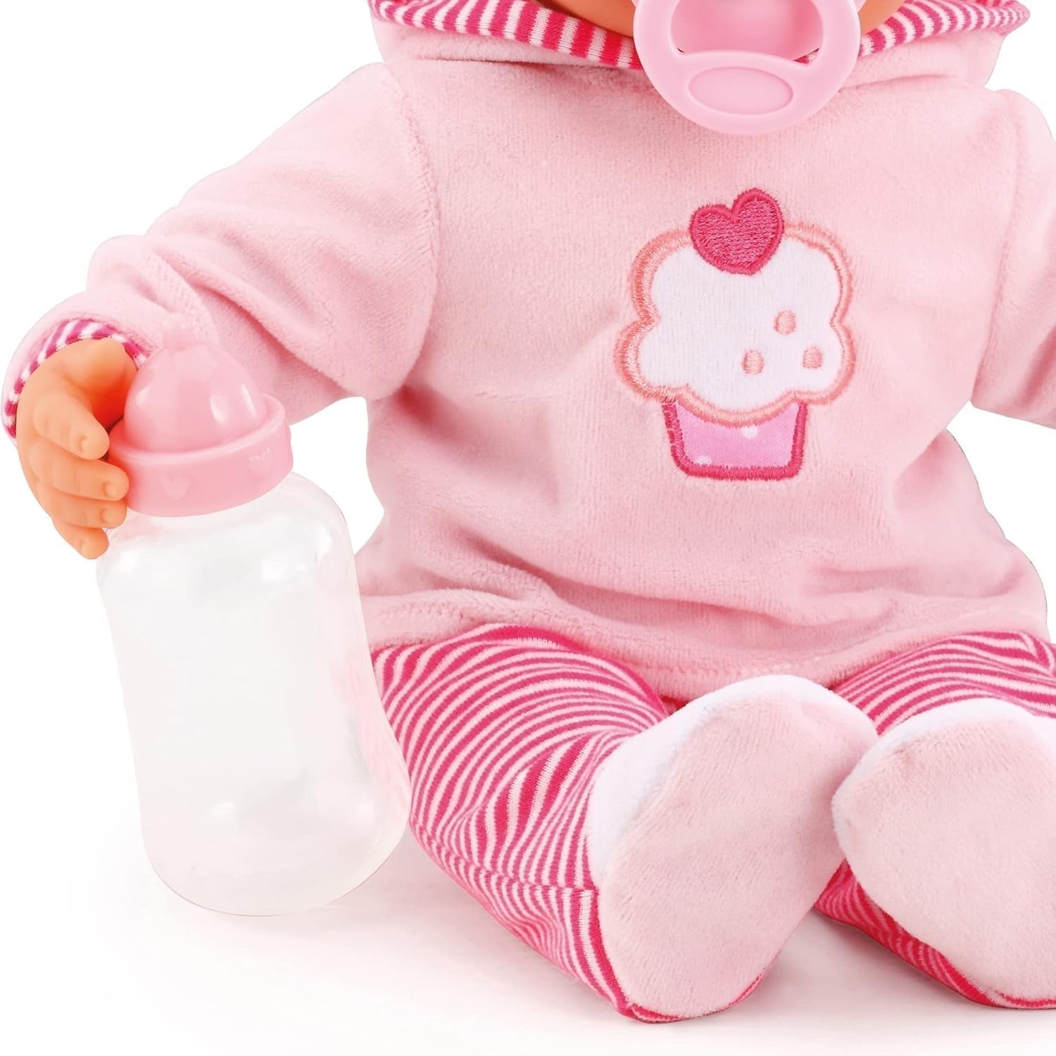 Muñeca First Words con ojos soñolientos, habla 24 sonidos de bebé, con muñeco y biberón, 38 cm, rosa/rayas Naty Shop Muñecas