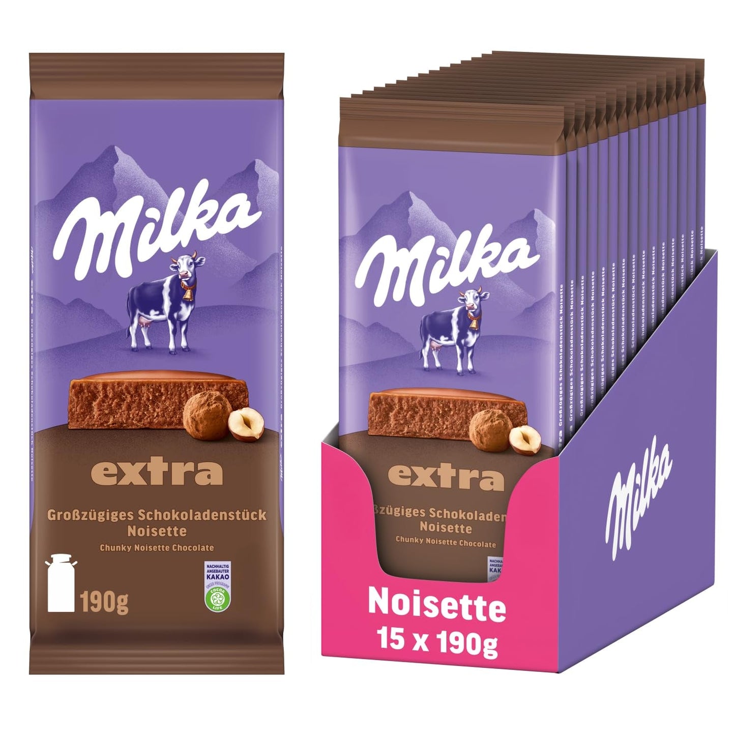 Milka Extra Noisette – Chocolate con leche alpino con relleno delicado y cremoso de avellanas – 15 x 190 g
