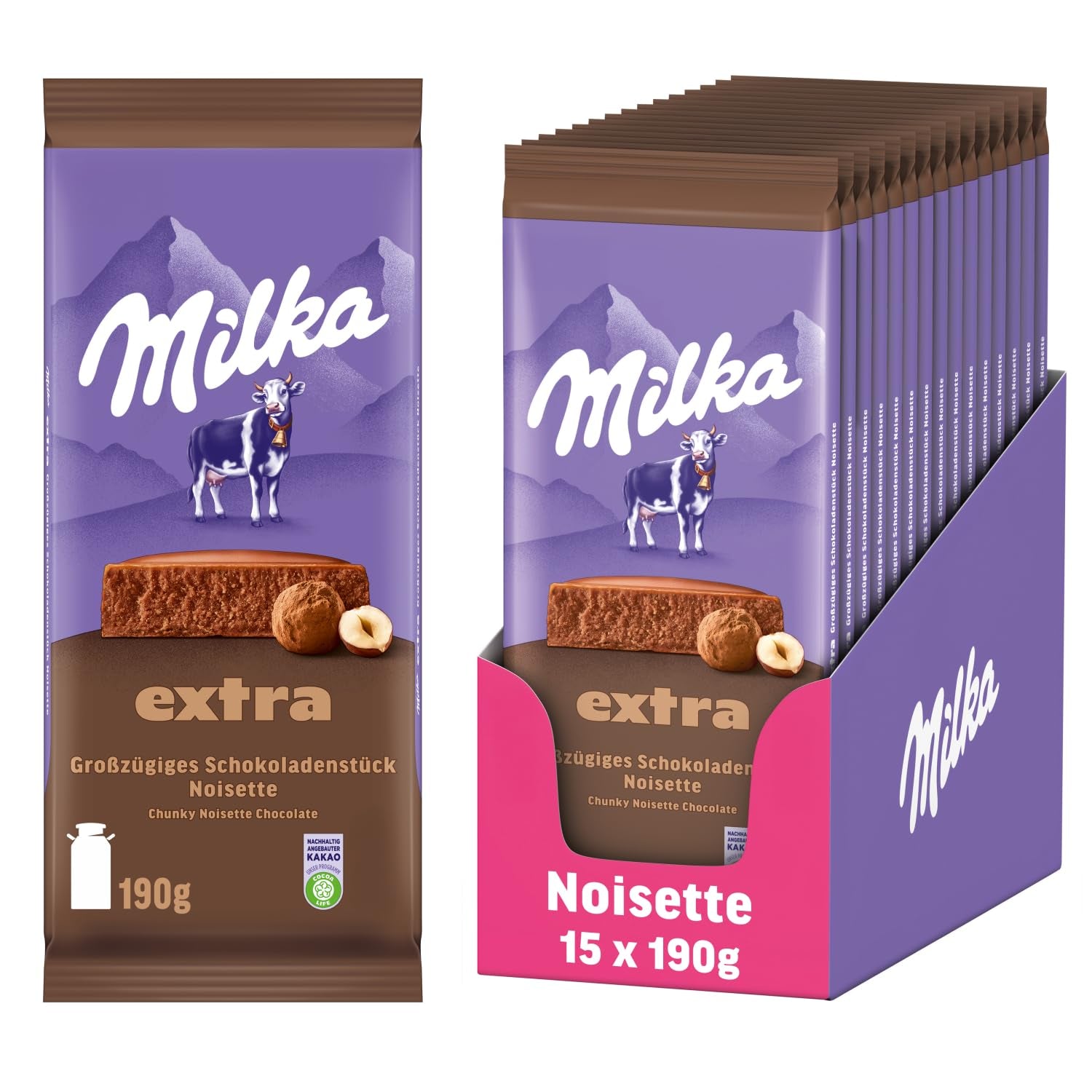 Milka Extra Noisette – Chocolate con leche alpino con relleno delicado y cremoso de avellanas – 15 x 190 g