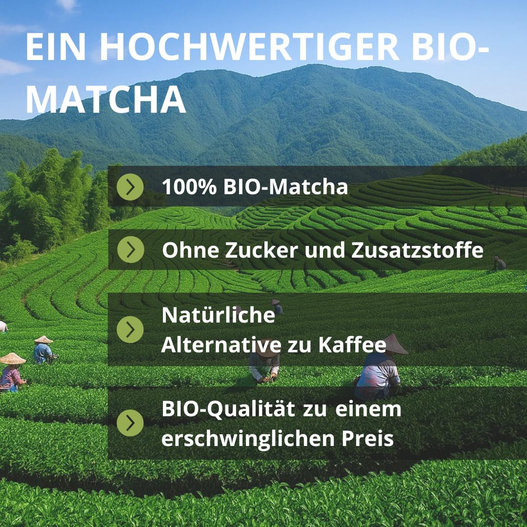 | Matcha orgánico en polvo 100 g | Té verde Matcha en polvo grado ceremonial | 100% natural y de primera calidad | Té desintoxicante | Compatible con set Matcha, tallo, cuenco y vaso.