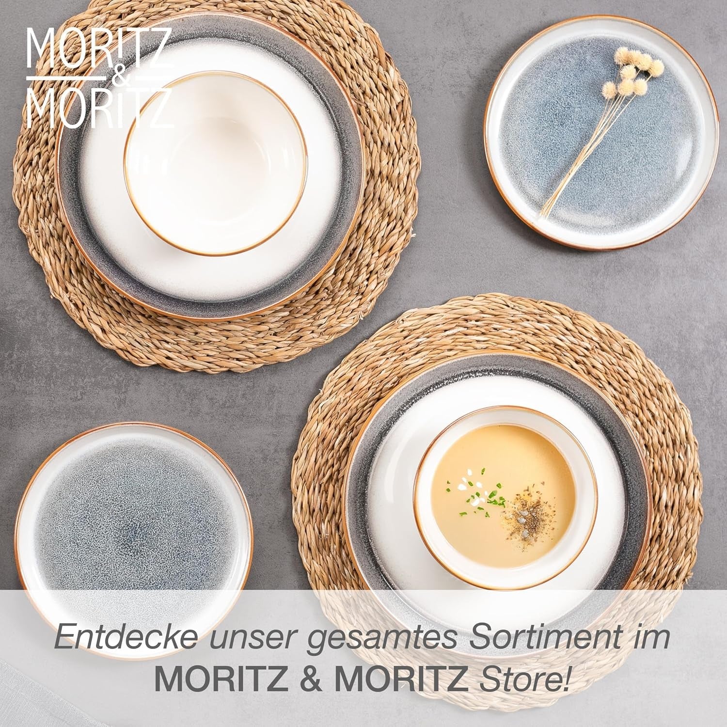 Moritz & Moritz TARENTO Vajilla para 6 personas de 24 piezas, gris - Elegante juego de platos de gres de alta calidad - El juego de vajilla incluye 6 platos llanos, 6 platos de postre, 6 platos llanos y 6 tazas