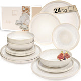 SANGER | Juego de vajilla Corfu de 24 piezas, servicio de mesa para 8 personas, vajilla de cerámica hecha a mano, incluye platos llanos, platos de postre y platos de suma, vajilla color crema con textura arenosa