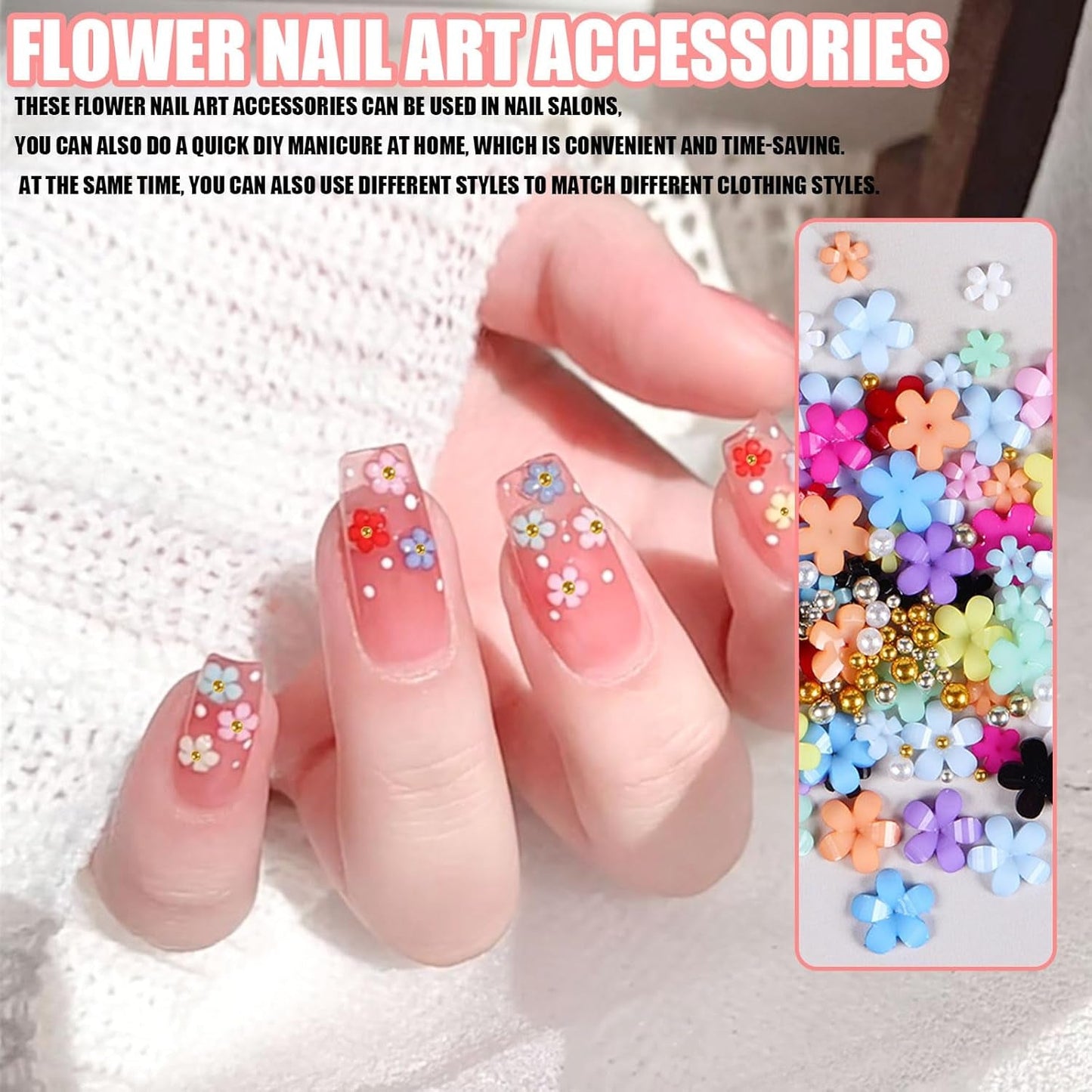 Encantos de uñas de flores 3D, 12 rejillas de resina acrílica, flores y cuentas de plata dorada, uñas de gel de flores, decoraciones de uñas de flores para mujeres y niñas, accesorios de manicura DIY