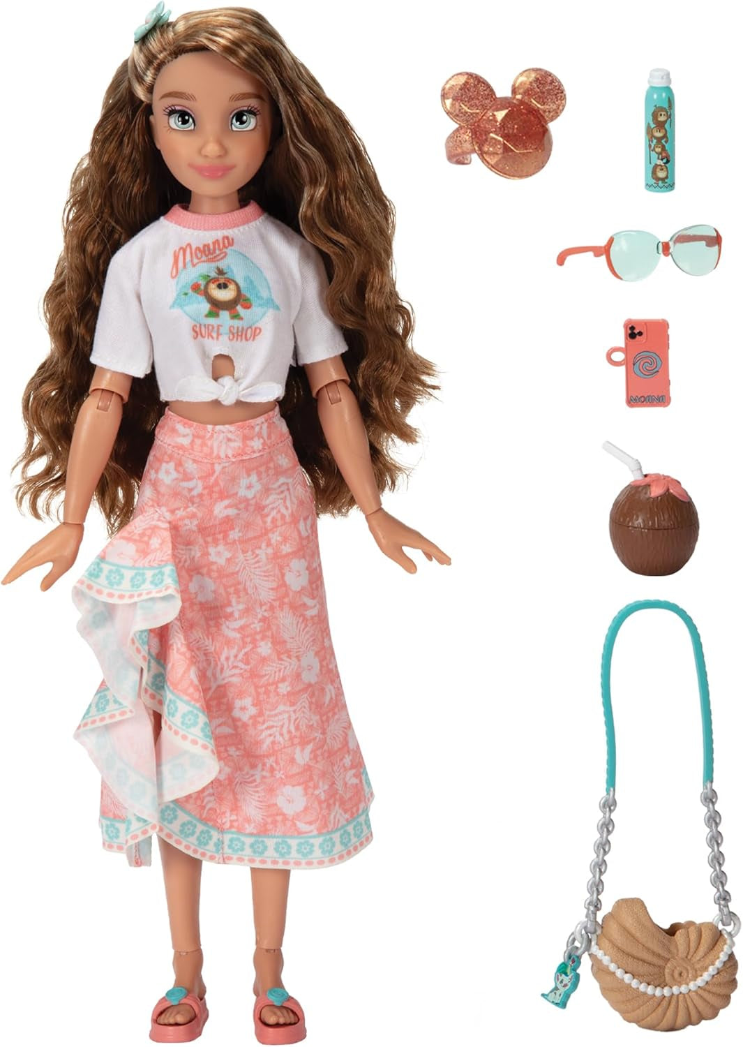 Muñeca Vaiana con accesorios, 29cm, 13 puntos de articulación, licencia oficial de Jakks Pacific. ¡Completo con accesorios combinables y un brillante anillo de Mickey!