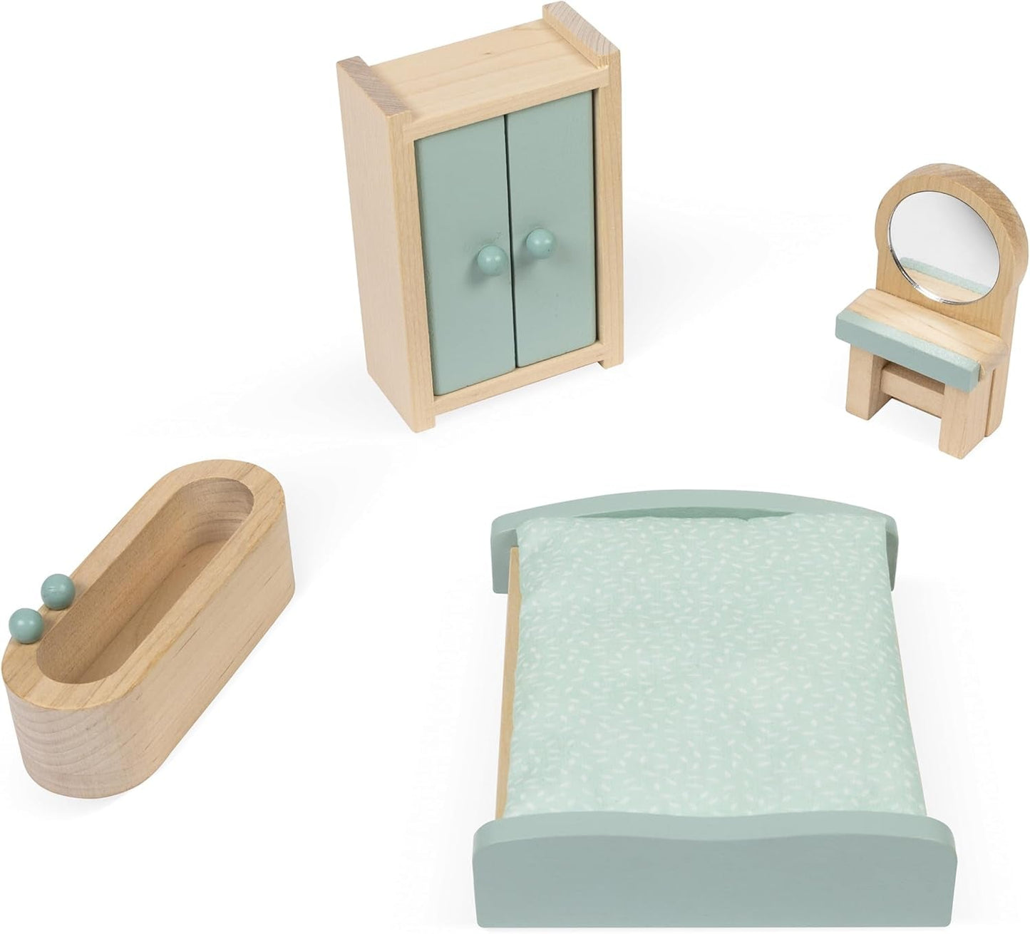 Janod - Mi primera casa de muñecas de madera - 10 accesorios - Muebles para muñecas - Puertas magnéticas y techo desmontable - Juguete de madera certificado FSC - A partir de 3 años