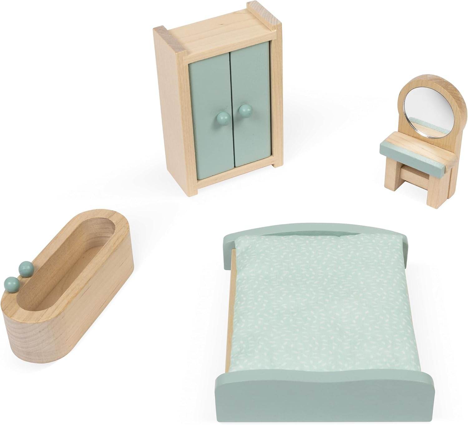 Janod - Mi primera casa de muñecas de madera - 10 accesorios - Muebles para muñecas - Puertas magnéticas y techo desmontable - Juguete de madera certificado FSC - A partir de 3 años