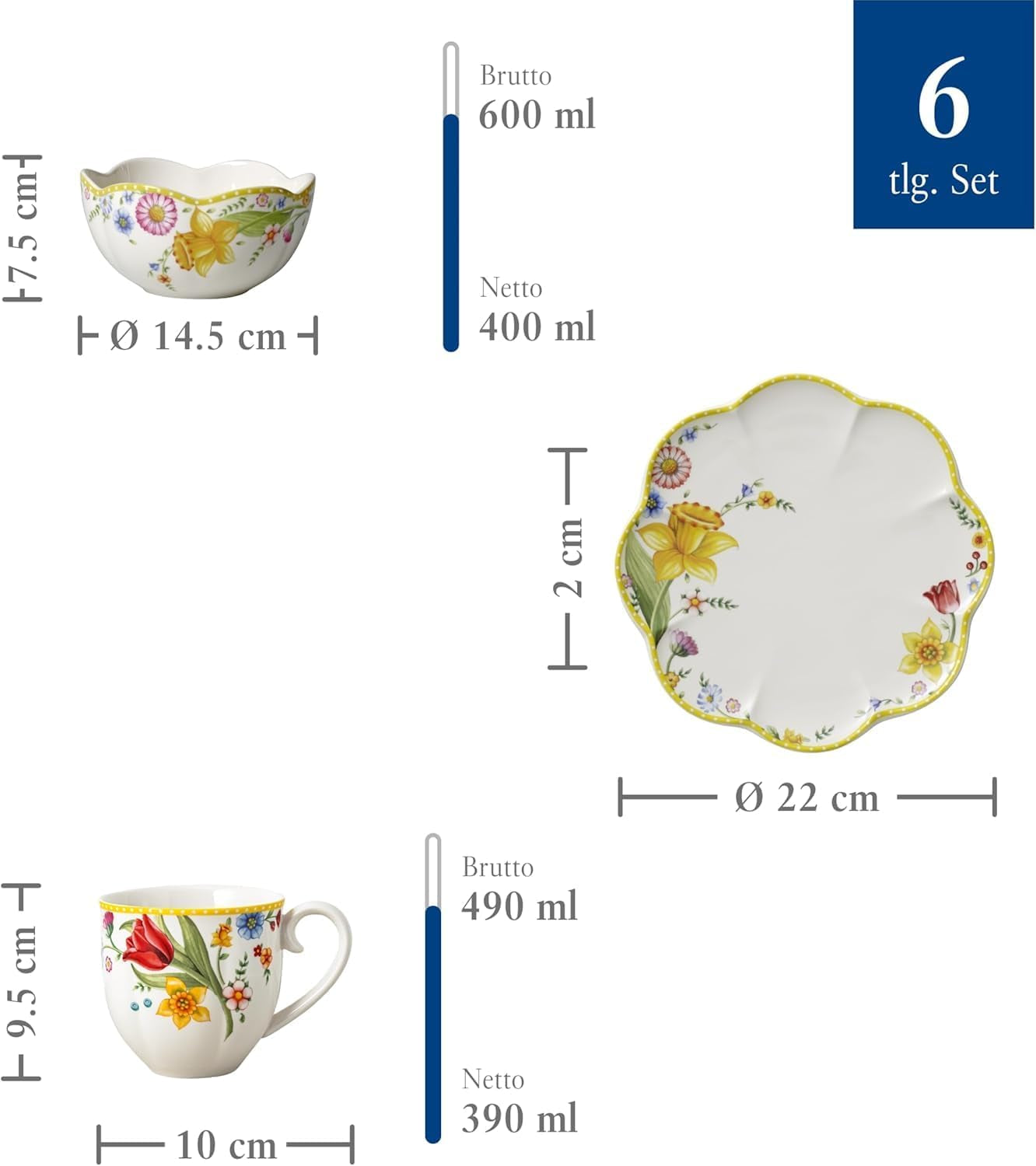 Villeroy & Boch - Set de desayuno Spring Awakening para 2, 6 piezas, Vajilla de Pascua, Desayuno, Pascua, Servicio de café, Vajilla de primavera, Porcelana