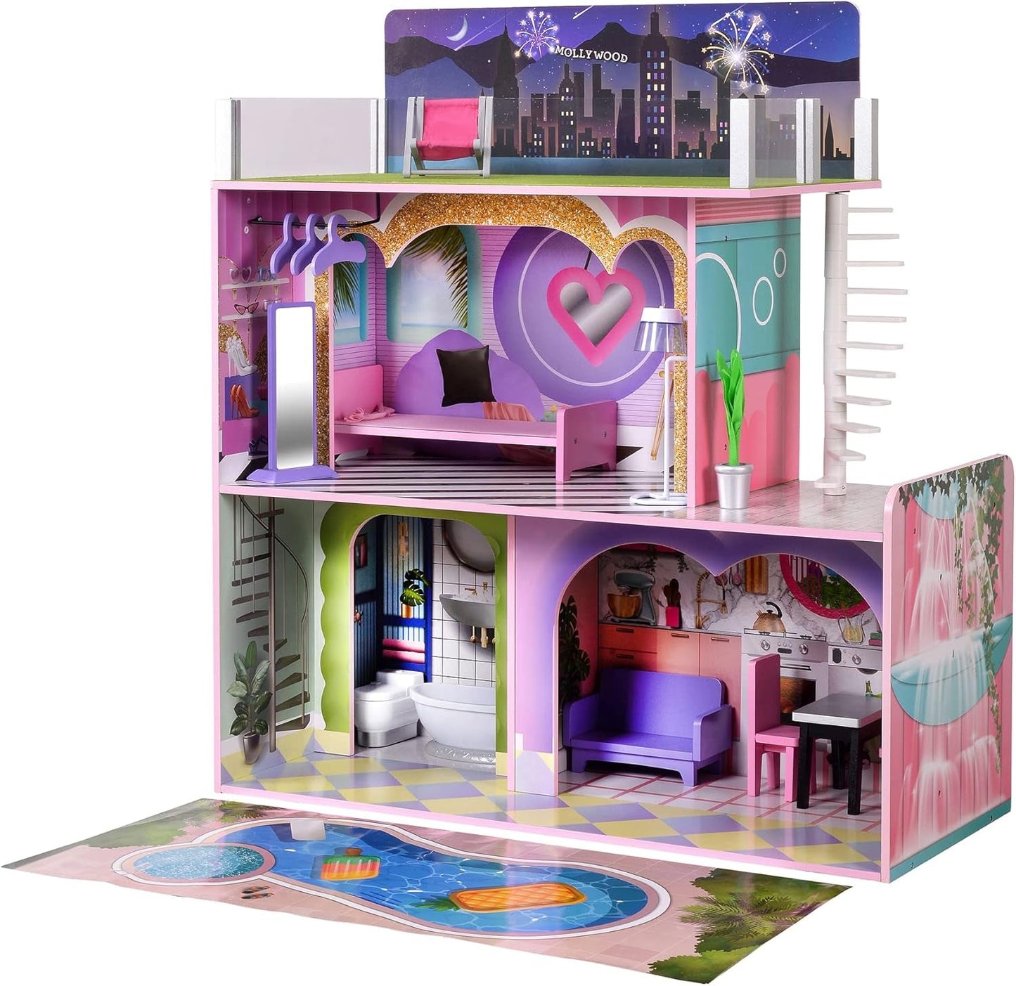 Olivia's Little World Big Dreamland Sunset Casa de muñecas interactiva de madera contemporánea de 3 pisos para niños con 16 accesorios para muebles de muñecas Multicolor TD-13616A