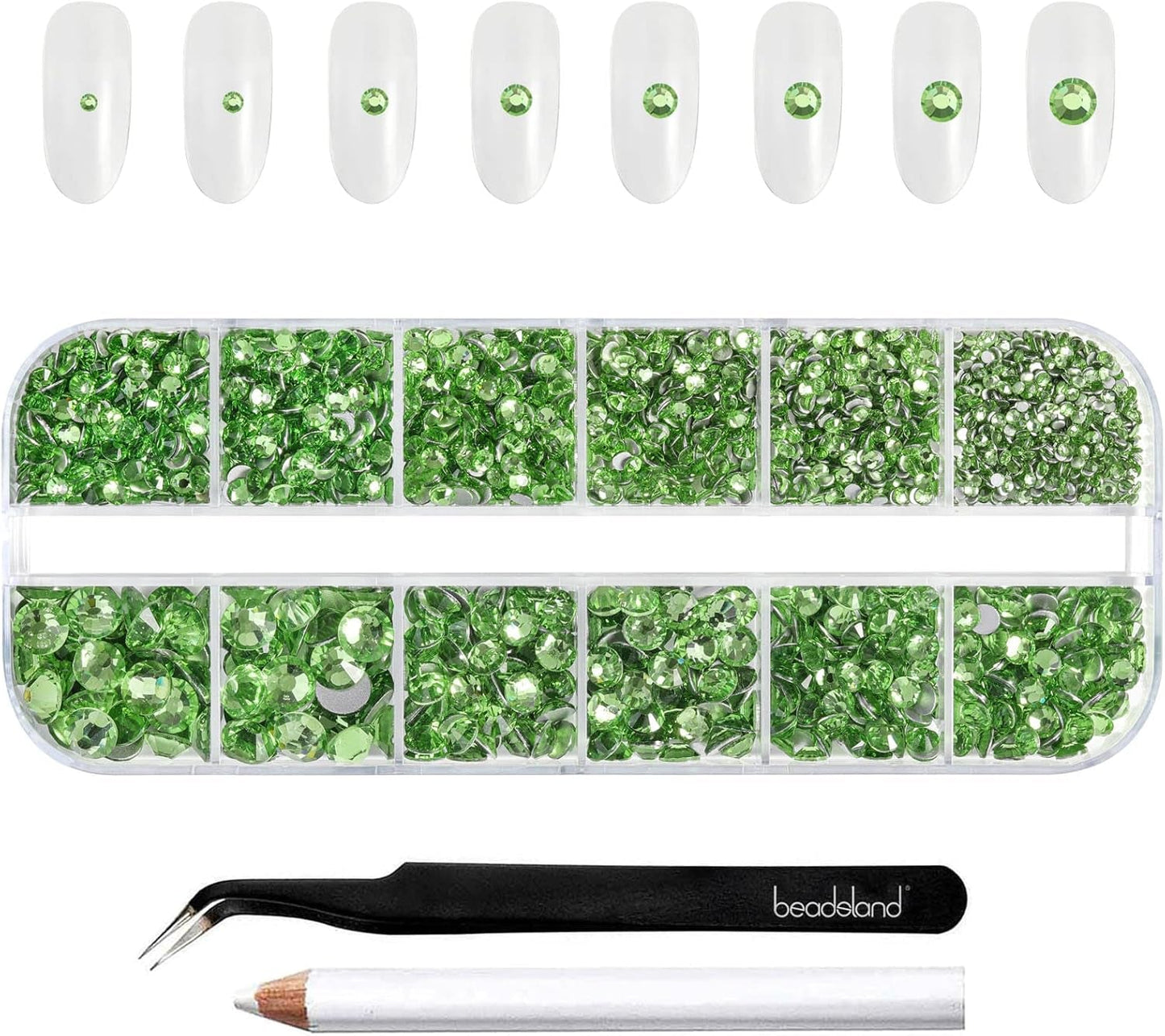 Beadsland 2500 piezas de piedras de cristal para decoración de uñas con parte trasera plana, piedras preciosas para trabajos manuales de 8 tamaños SS4 ~ SS30 con pinzas y puntas (Kristall Weiss)