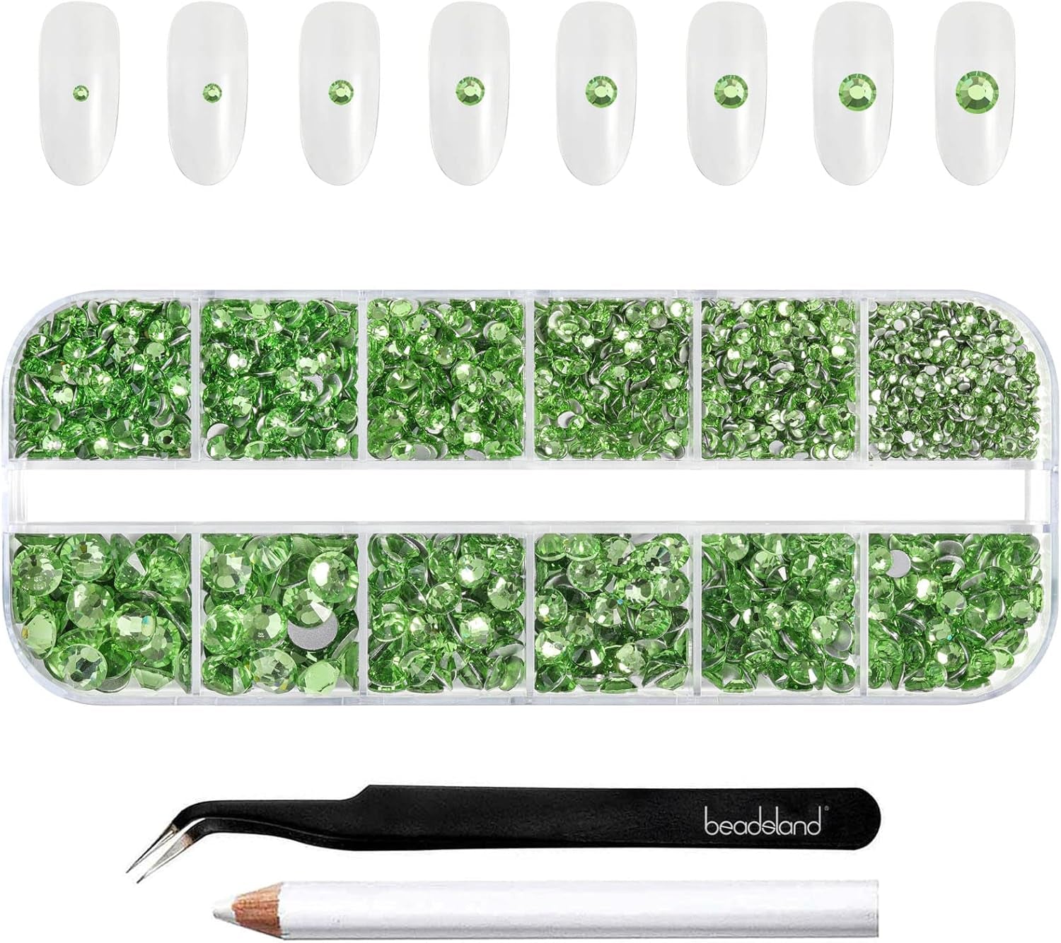 Beadsland 2500 piezas de piedras de cristal para decoración de uñas con parte trasera plana, piedras preciosas para trabajos manuales de 8 tamaños SS4 ~ SS30 con pinzas y puntas (Kristall Weiss)